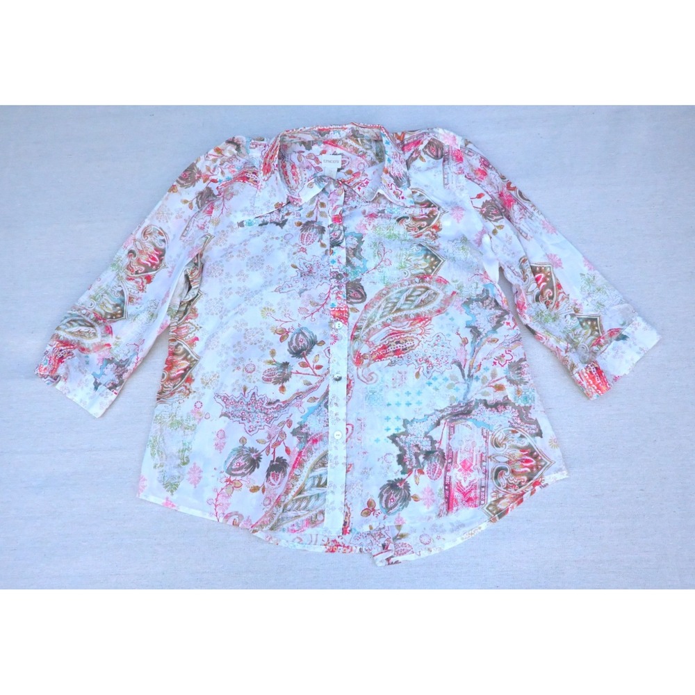 Chicos Womens 2 Petite 100% Cotton Button Up Blouse Multicolor Paisley Floral